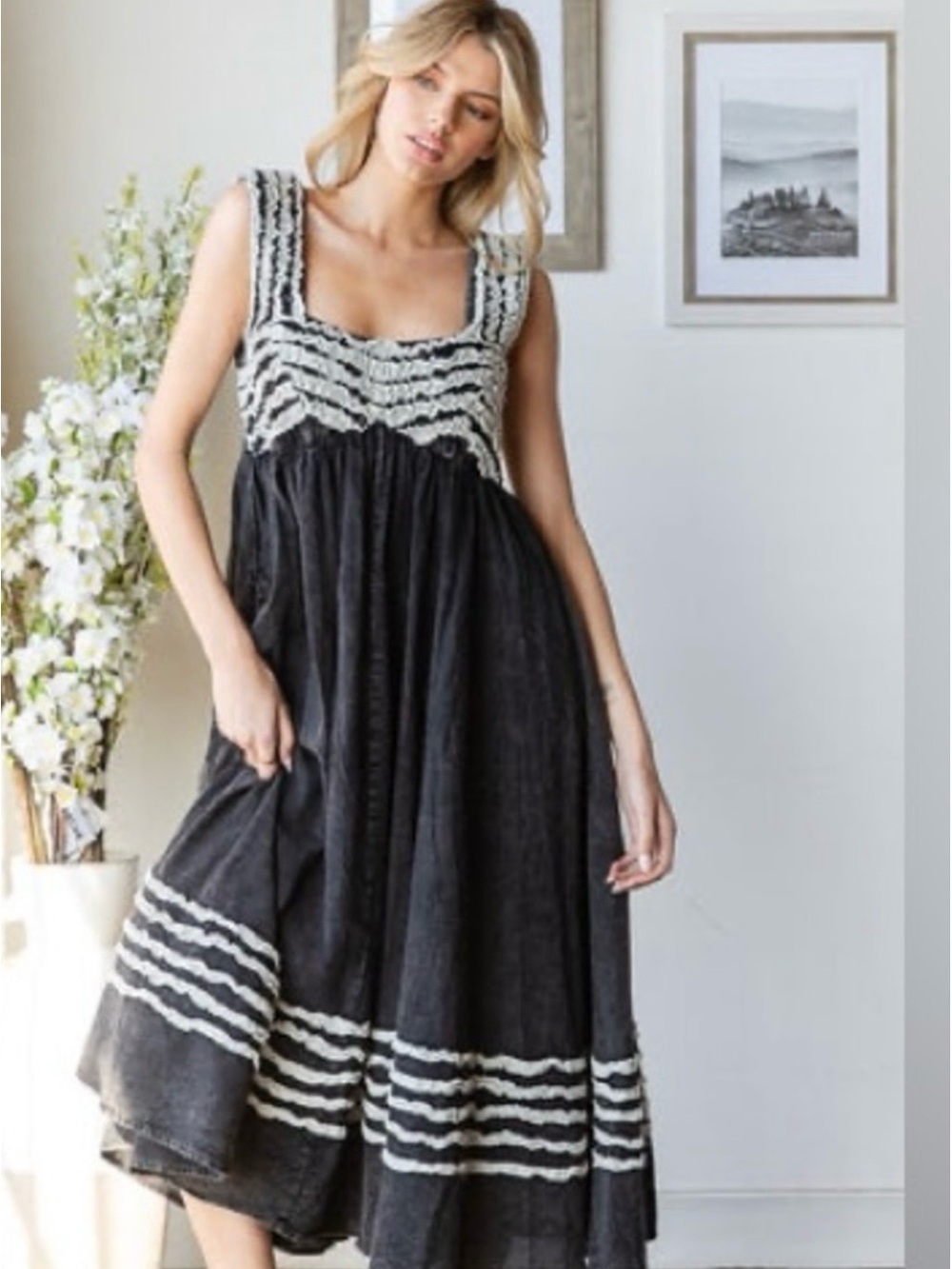 Boho Black & White Sleeveless Maxi Dress with Textured Stripes